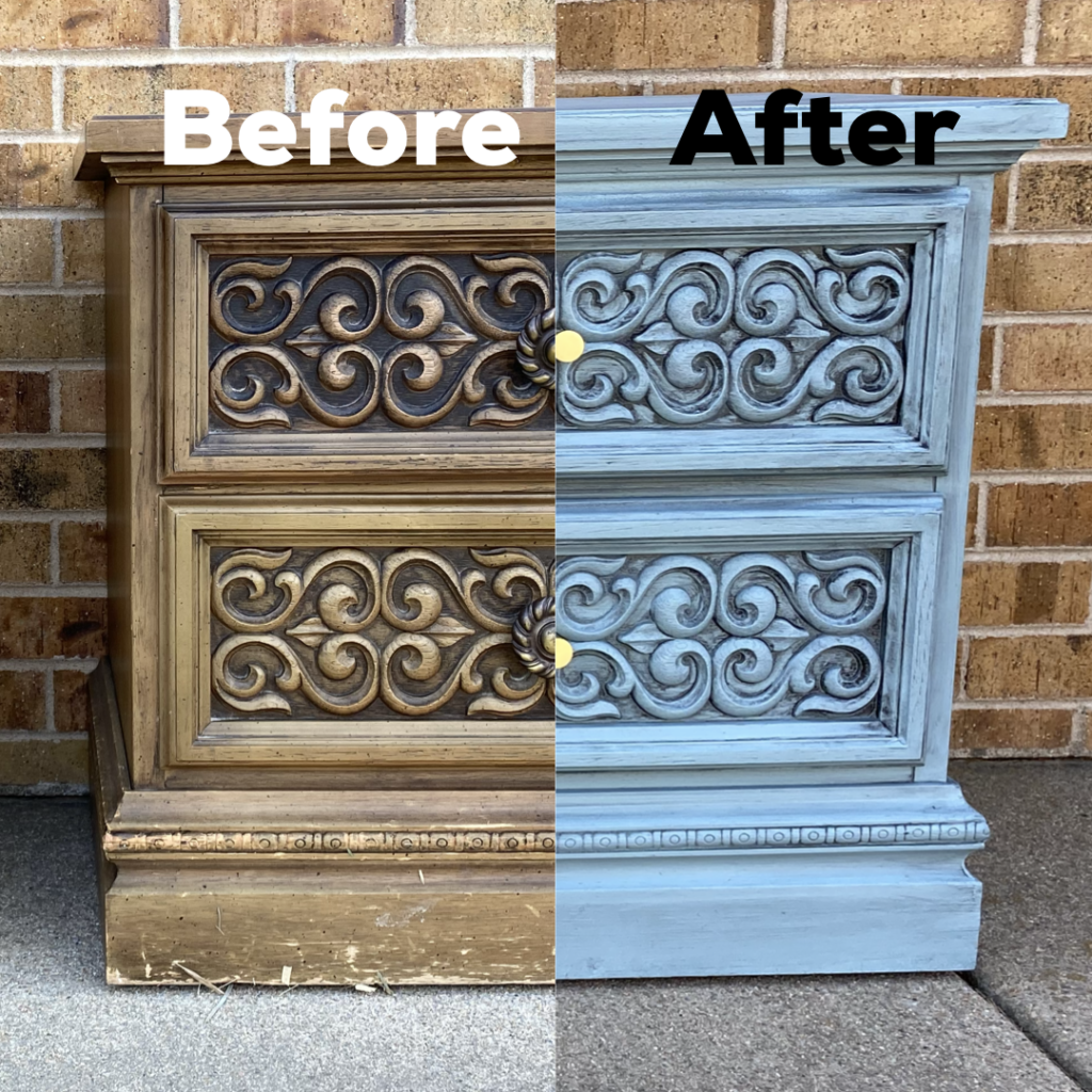 A picture of a before and after or a distressed farmhouse nightstand project