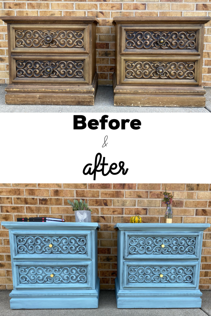 A picture of the before and after of a pair of refurbished distressed nightstands DIY 