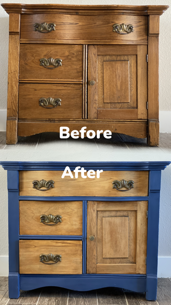 A picture of a dresser before and after refinishing with painted and raw wood styling