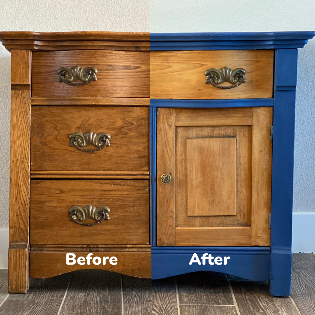 A picture of a side-by-side before and after of a painted and raw wood refinished dresser