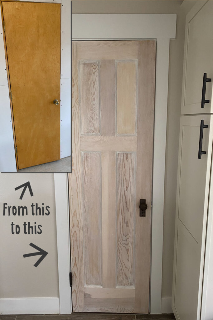 A picture of a before and after of a tacky 90s door and a refinished salvaged antiqued door