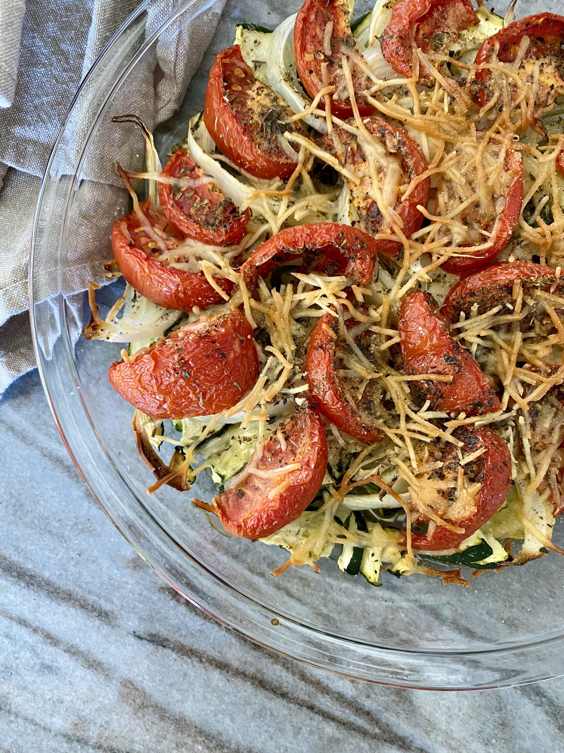 Roasted parmesan, zucchini, onion, and tomato